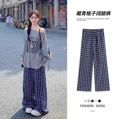 Blue plaid pants for women in spring and autumn 2025 new small person loose and lazy high waist wide-leg pants
