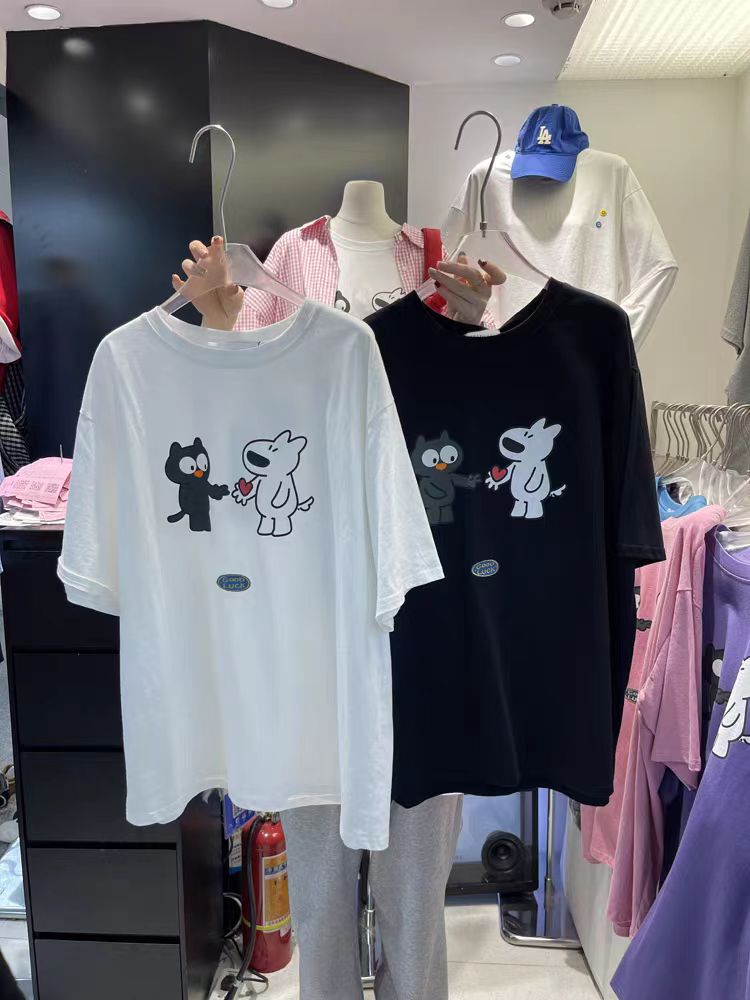 200g combed and tight spun in 2025, pure cotton back bag strip, spring and summer loose shoulder printed short-sleeved T-shirt
