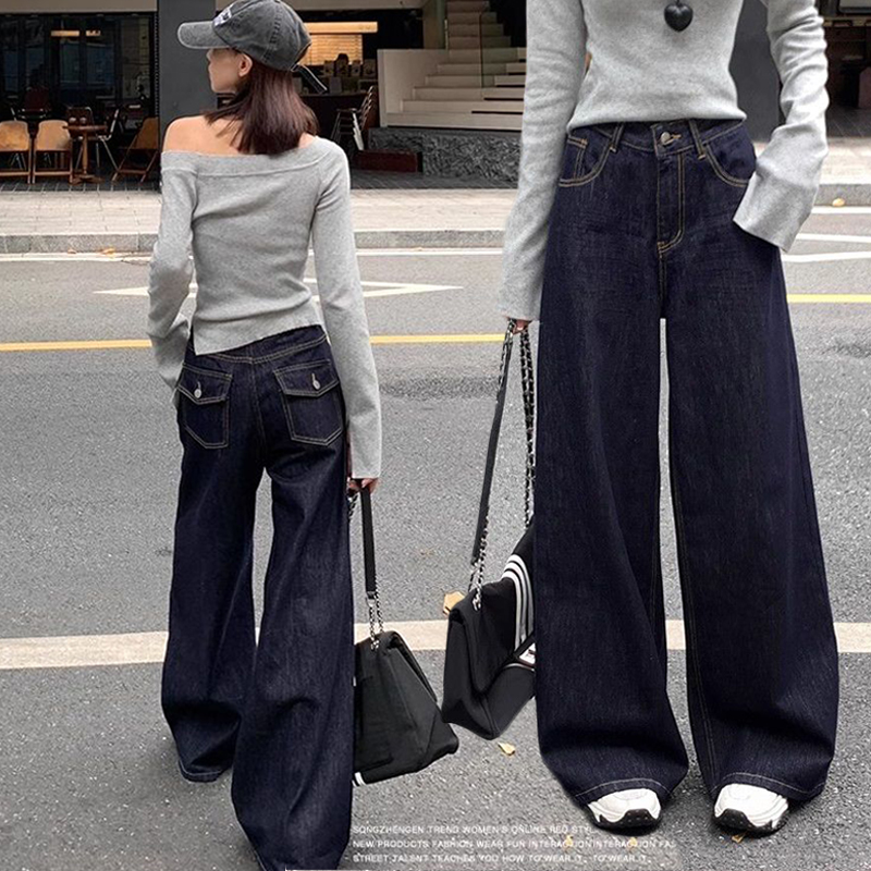 Dark blue denim jean wide-leg pants for women American retro loose lazy 2025 spring, summer and autumn high waist straight pants