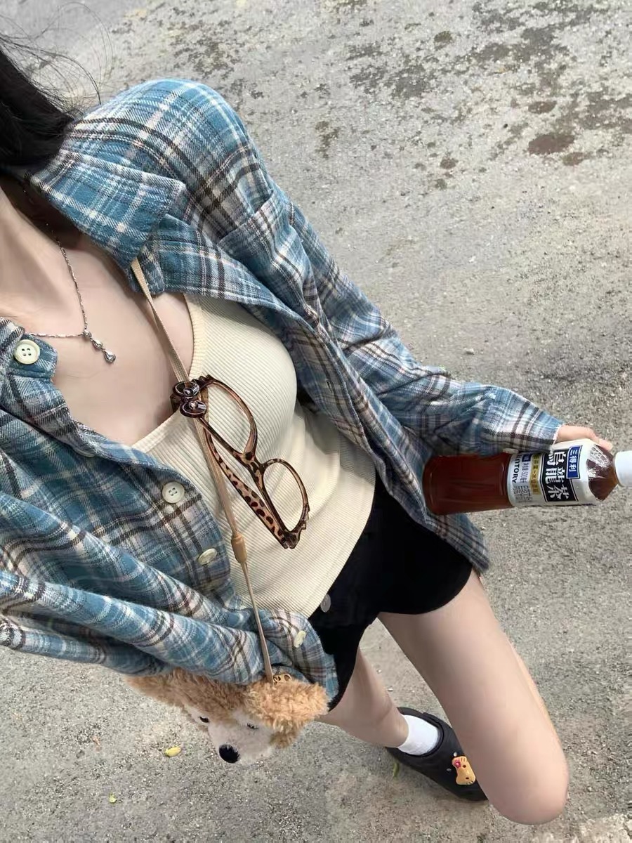 Original back waist splicing retro plaid long-sleeved loose shirt spring and autumn casual college style shirt jacket