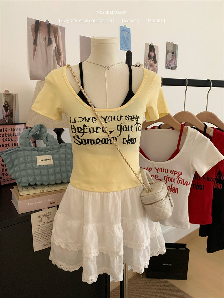 Real-life 25-year new American hot girl letter fake two-piece T-shirt slim fit with chest pad short-sleeved top