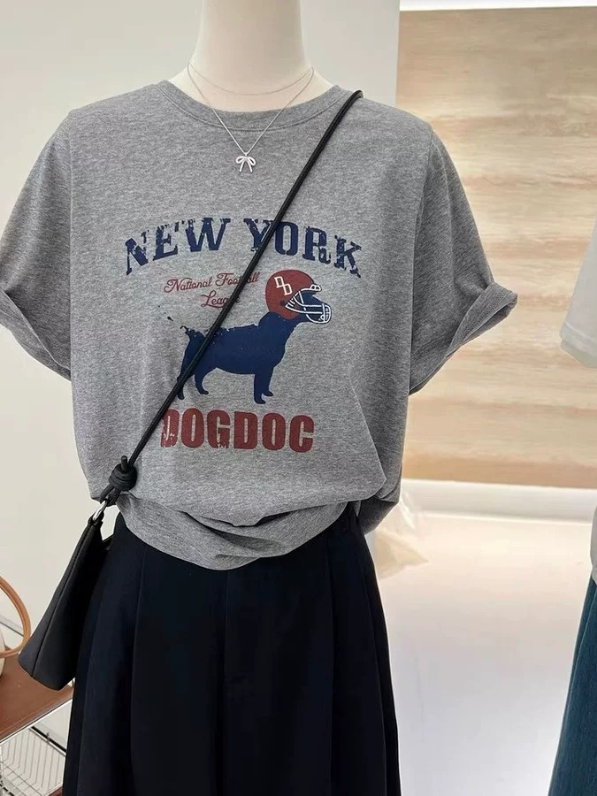 200g combed and tight spun in 2025, pure cotton back bag strip, spring and summer loose shoulder printed short-sleeved T-shirt