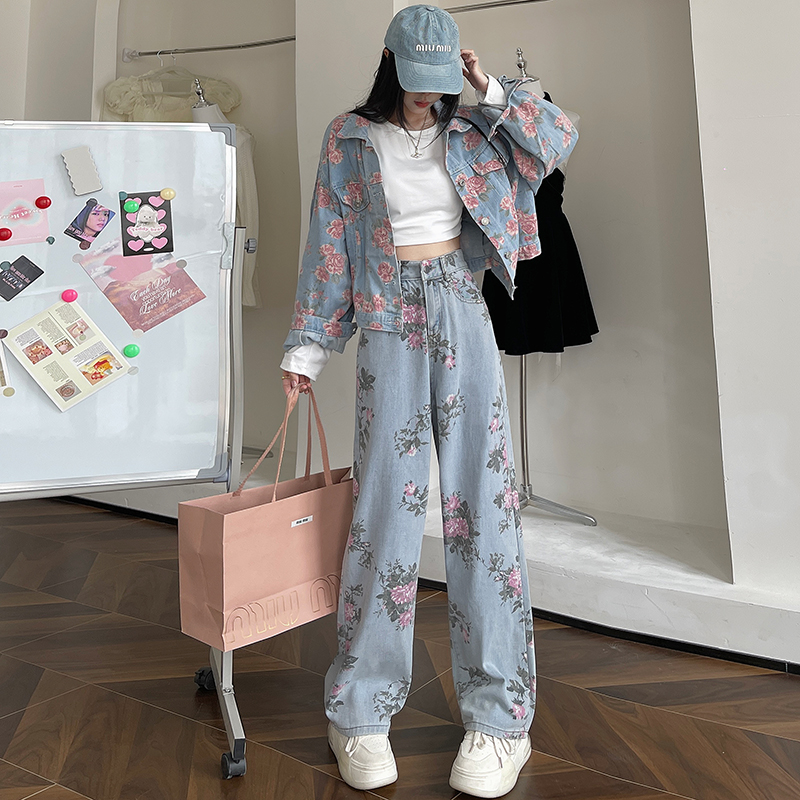 Photographed! Short Woman's denim jacket open sweater spring and autumn top set with high-waisted pants
