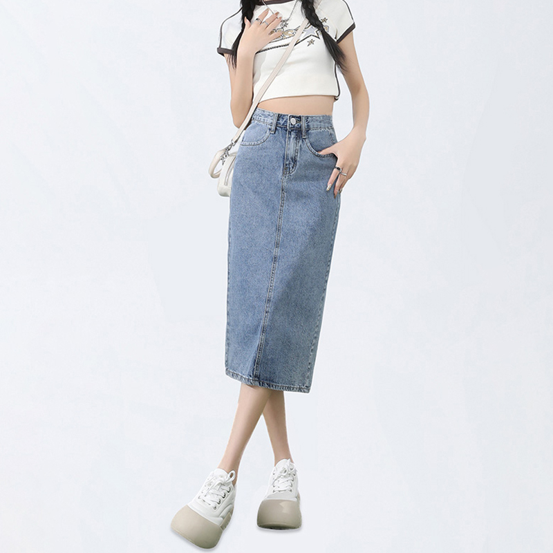 Hot girls simple Korean high-waist denim skirt A-line skirt for women in spring and summer new slim American retro hip denim skirt