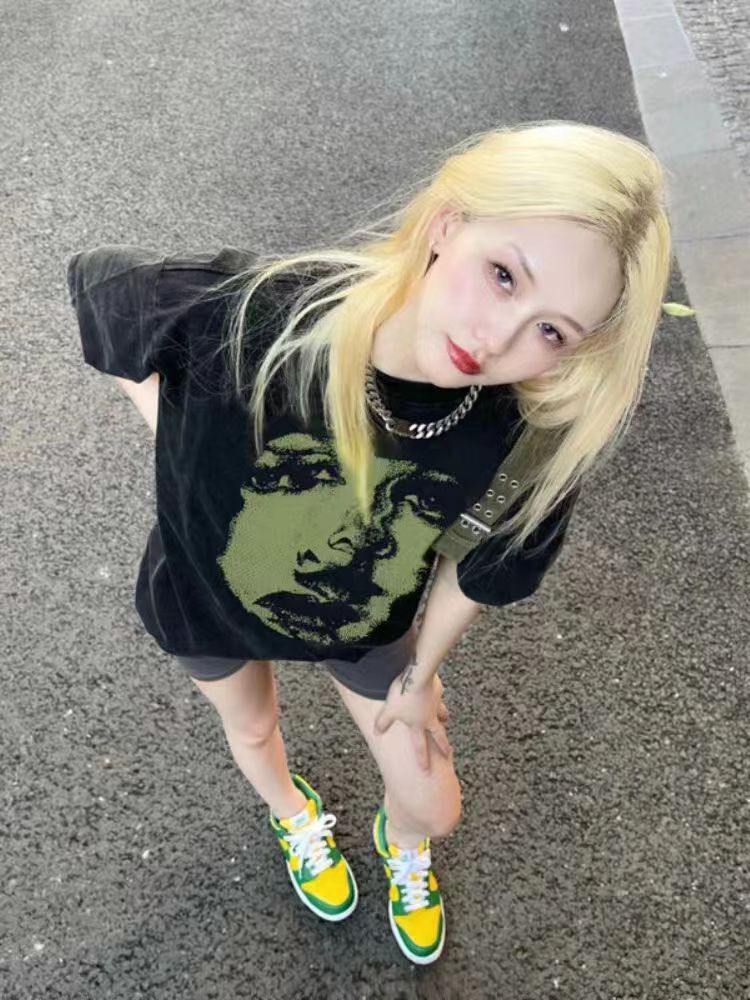2025 Combing and tight-fitting sprinkler pure cotton backpack strips Spring and summer loose shoulder printed short-sleeved T-shirt