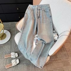 淺藍色直筒牛仔褲女2025春季新款高腰寬鬆顯瘦垂感小個子闊腿長褲