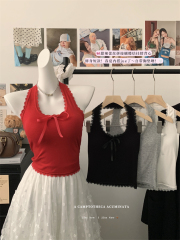 Real-life 25-year new sweet hot girl lace spliced ​​bow halter neck vest with chest pad top