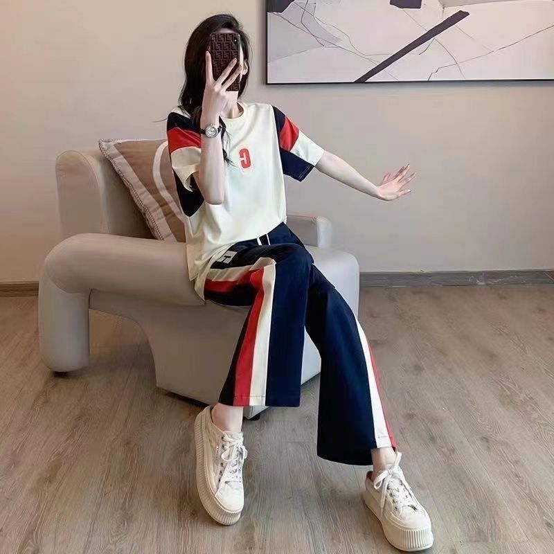 Women's Summer 2025 New Casual Slimming Streetwear Youthful Fashion Short Sleeve Wide Leg Pants Two-Piece Set