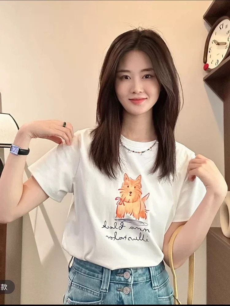 200g combed and tight-fitting sprinkler, pure cotton backpack, spring and summer loose shoulder printed short-sleeved T-shirt