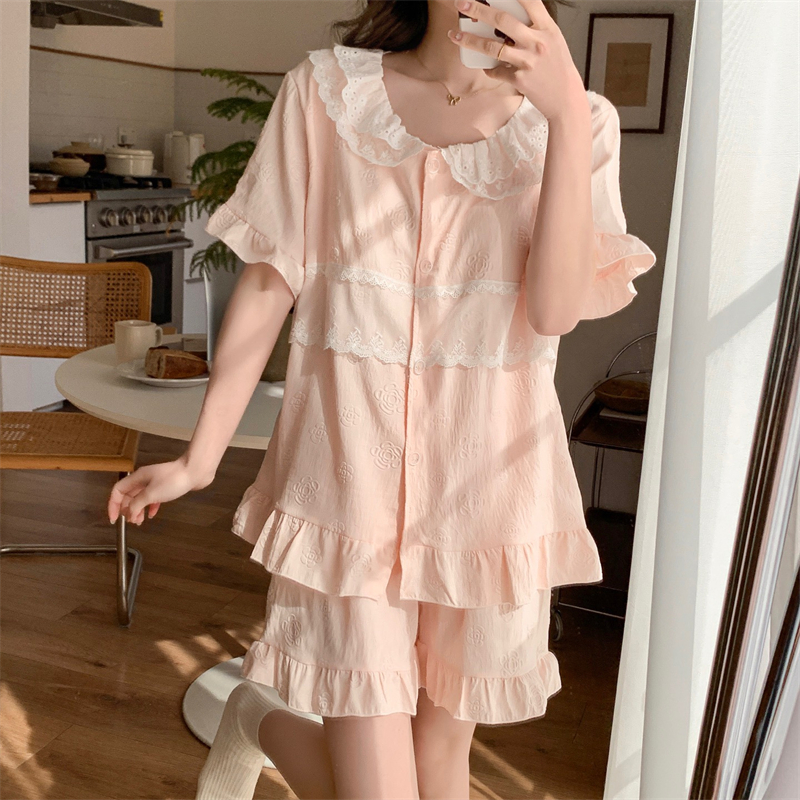 Real-life 25-year new cute lace lace short-sleeved pajamas for loose home clothes two-piece set