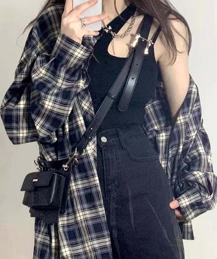 American retro plaid shirt women's design loose long-sleeved shirt jacket