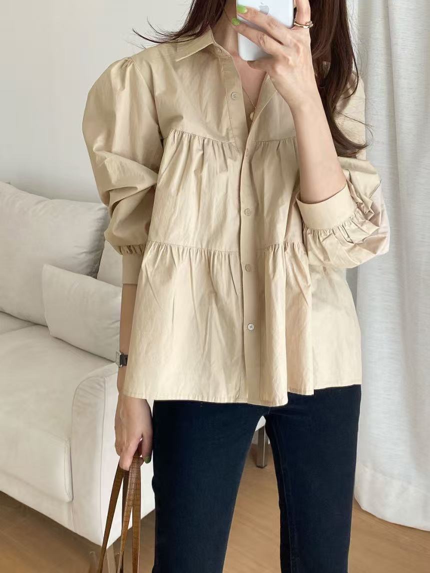 Korean chic simple and versatile lapel single-breasted wrinkle splicing design loose puff sleeve shirt top for women
