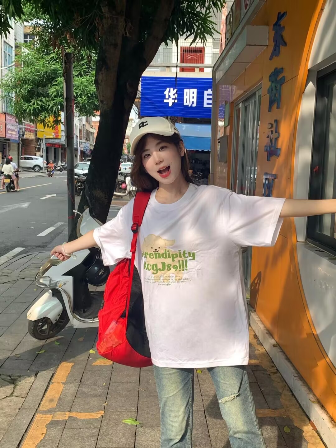 200g combed and tight-fitting sprinkler, pure cotton backpack, spring and summer loose shoulder printed short-sleeved T-shirt