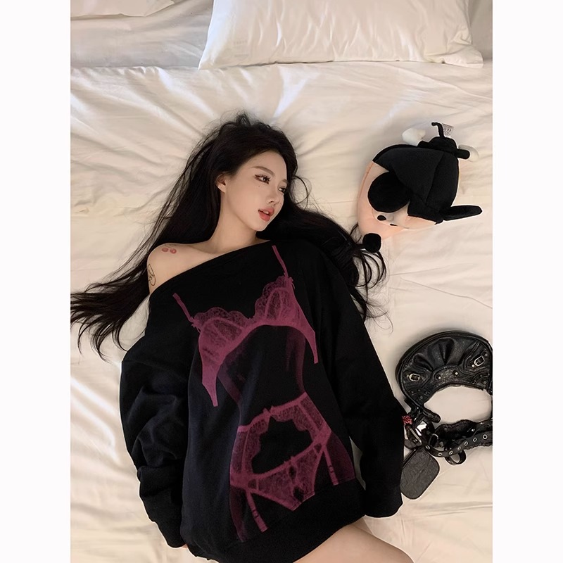 Huamian compound sexy hot girl pure and sexy off-shoulder long-sleeved T-shirt for women design niche sweatshirt