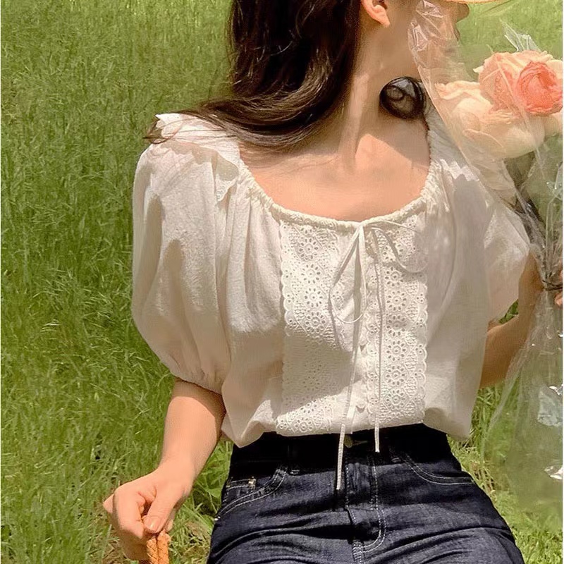 Korean chic summer French sweet lace splicing square collar lace-up puff sleeve loose short sleeve shirt top for women