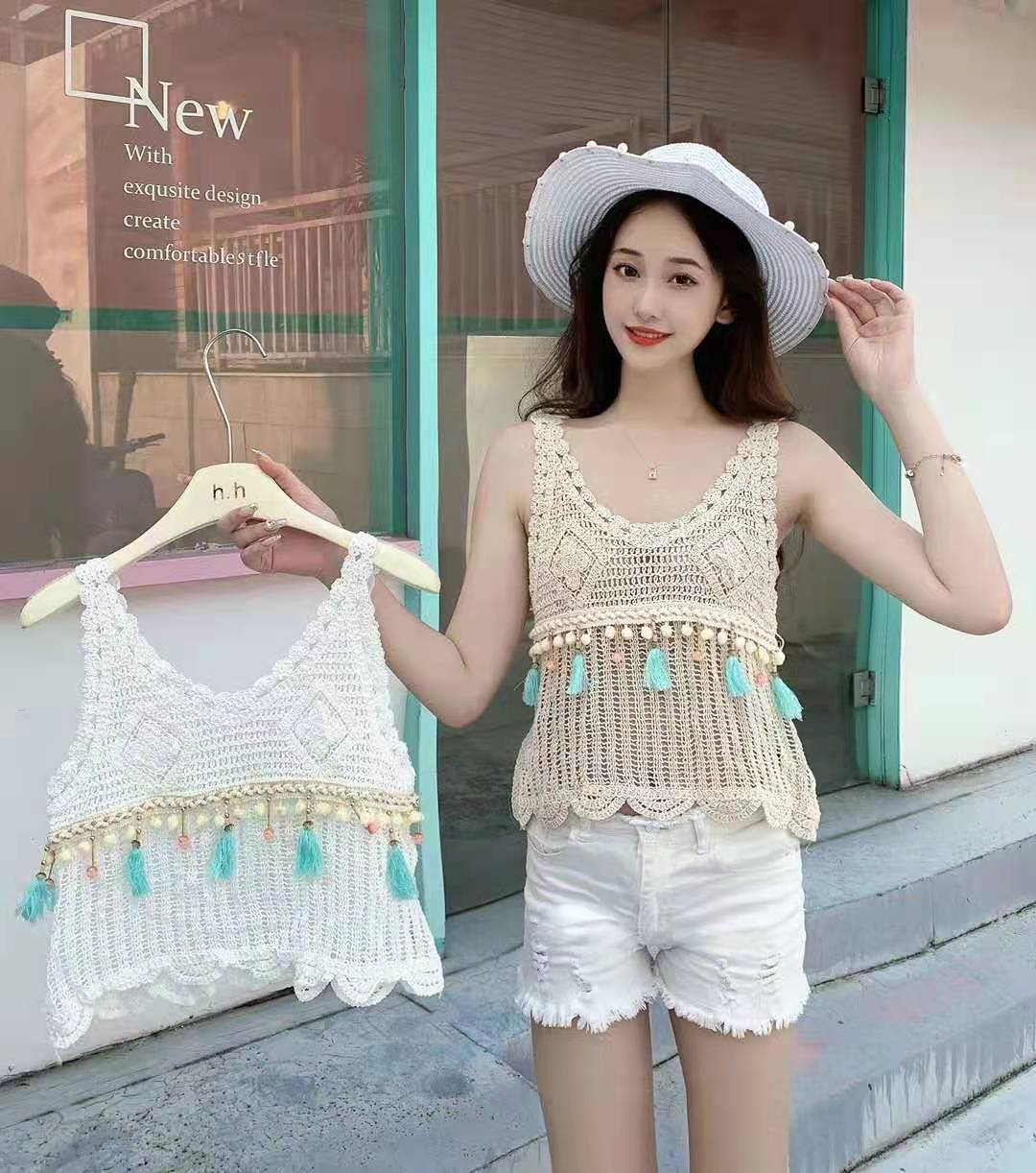 Ethnic style light beige tassel vest, a forest-style small shirt, a boho style