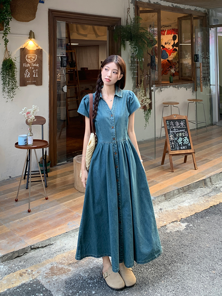 實拍  復古V領牛仔裙夏季新款牛仔連衣裙女氣質中長裙