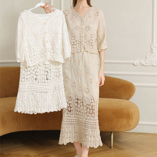 2025 Spring and Summer New Temperament Celebrity Heavy Industry Hook-Flower Hollow V-neck Top Lace-Long Mid-Length Skirt Set