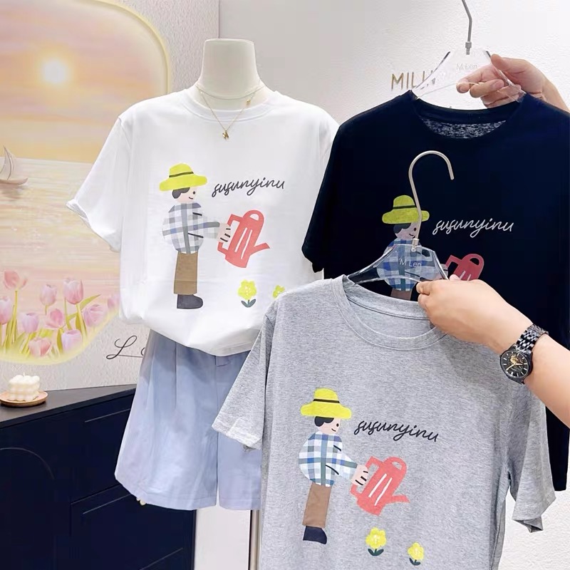 200g combed and tight spun in 2025, pure cotton back bag strip, spring and summer loose shoulder printed short-sleeved T-shirt
