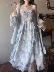 溫婉氣質高腰荷葉邊閃片印花吊帶裙連衣裙夏季