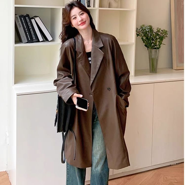 Black American-style sweet and cool streetwear medium-length women's coat 2025 spring new versatile PU leather jacket