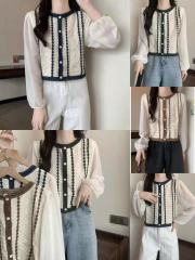 Spring new French retro hollow lace spliced ​​long sleeve chiffon shirt design short top for women