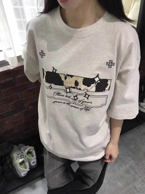 200g combed and tight spun in 2025, pure cotton back bag strip, spring and summer loose shoulder printed short-sleeved T-shirt