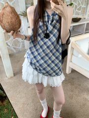 Real shot Korean design with swaying collar and backless plaid top