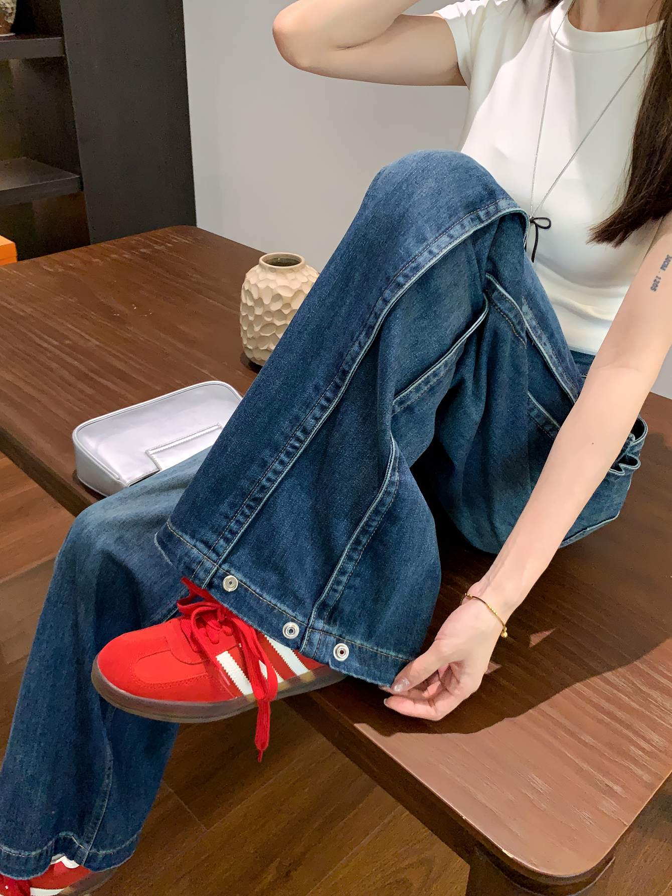 實拍#新款寬鬆牛仔長褲女腳口紐扣調節設計感大褲腳拖地褲子