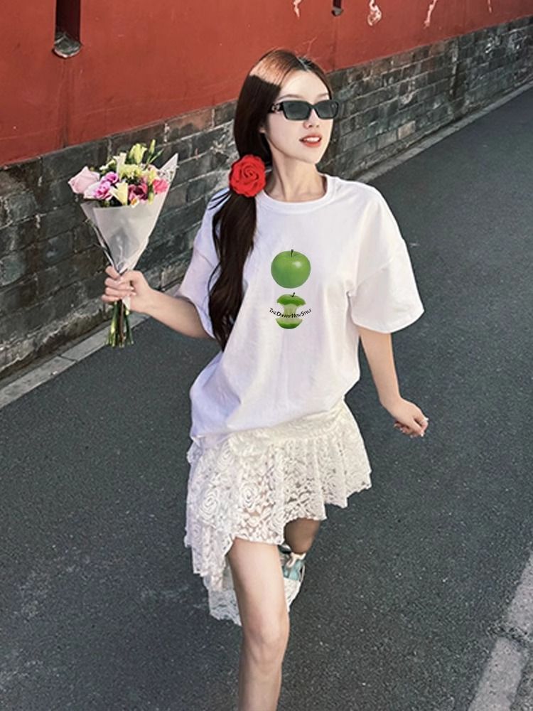 200g combed and tight-fitting sprinkler, pure cotton backpack, spring and summer loose shoulder printed short-sleeved T-shirt