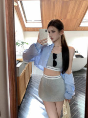 實拍性感U領運動吊帶背心+防走光包臀半身裙+防曬襯衫女