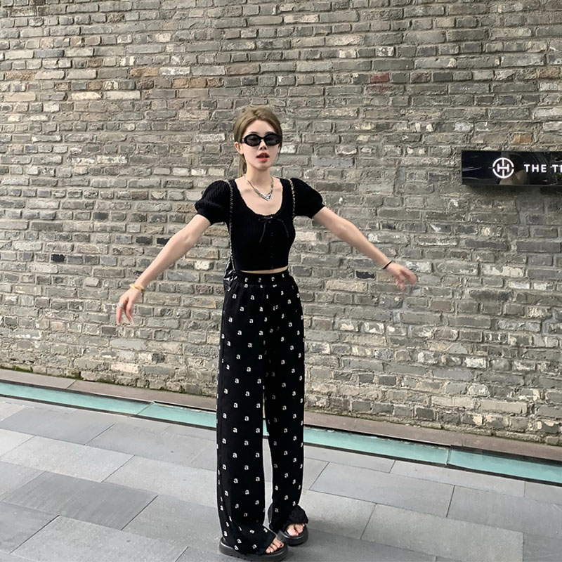 Casual straight wide-leg pants for women in spring and autumn new versatile print loose slimming floor pants