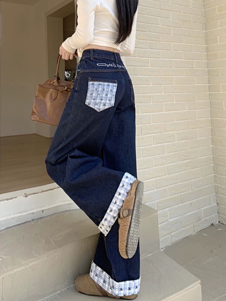 American letter embroidered bow spliced ​​jeans for women in spring 2025 new high waist wide-leg floor trousers