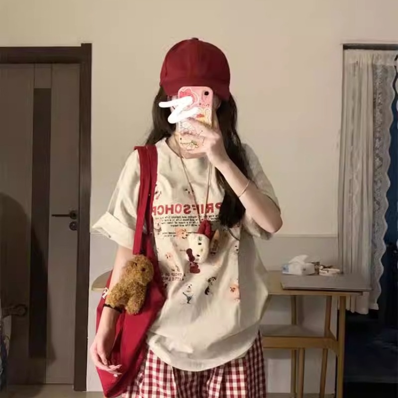 200g combed and tight spun in 2025, pure cotton back bag strip, spring and summer loose shoulder printed short-sleeved T-shirt