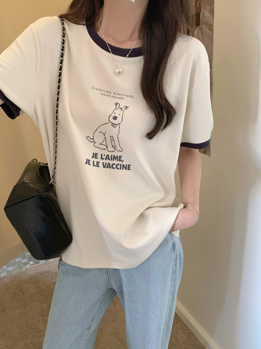 Real shot of air layer round neck contrasting short-sleeved T-shirt for women's summer Korean loose base shirt half-sleeved top shirt