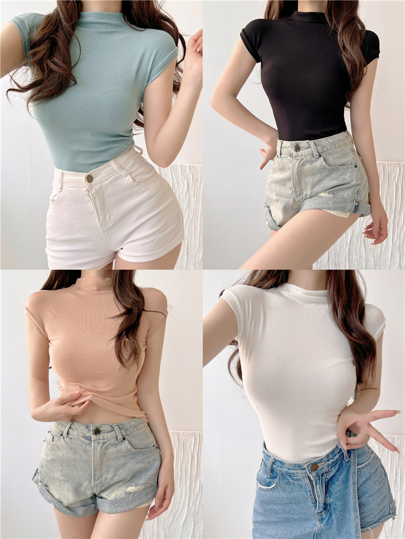 Real-life new half-high neck short-sleeved T-shirt pure style short tight base shirt slim top