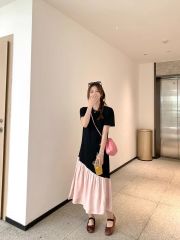 不規則撞色拼接短袖連衣裙女設計感寬鬆顯瘦圓領T恤長裙新款