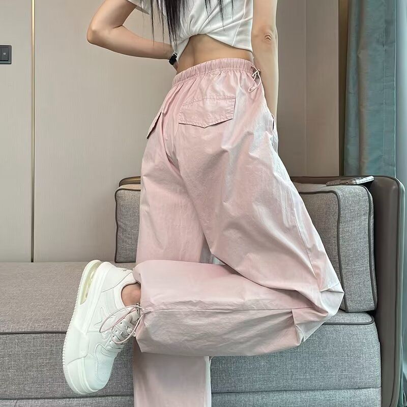 美式粉色速干工裝褲男春夏季薄款高腰顯瘦寬鬆束腳休閒闊腿褲子