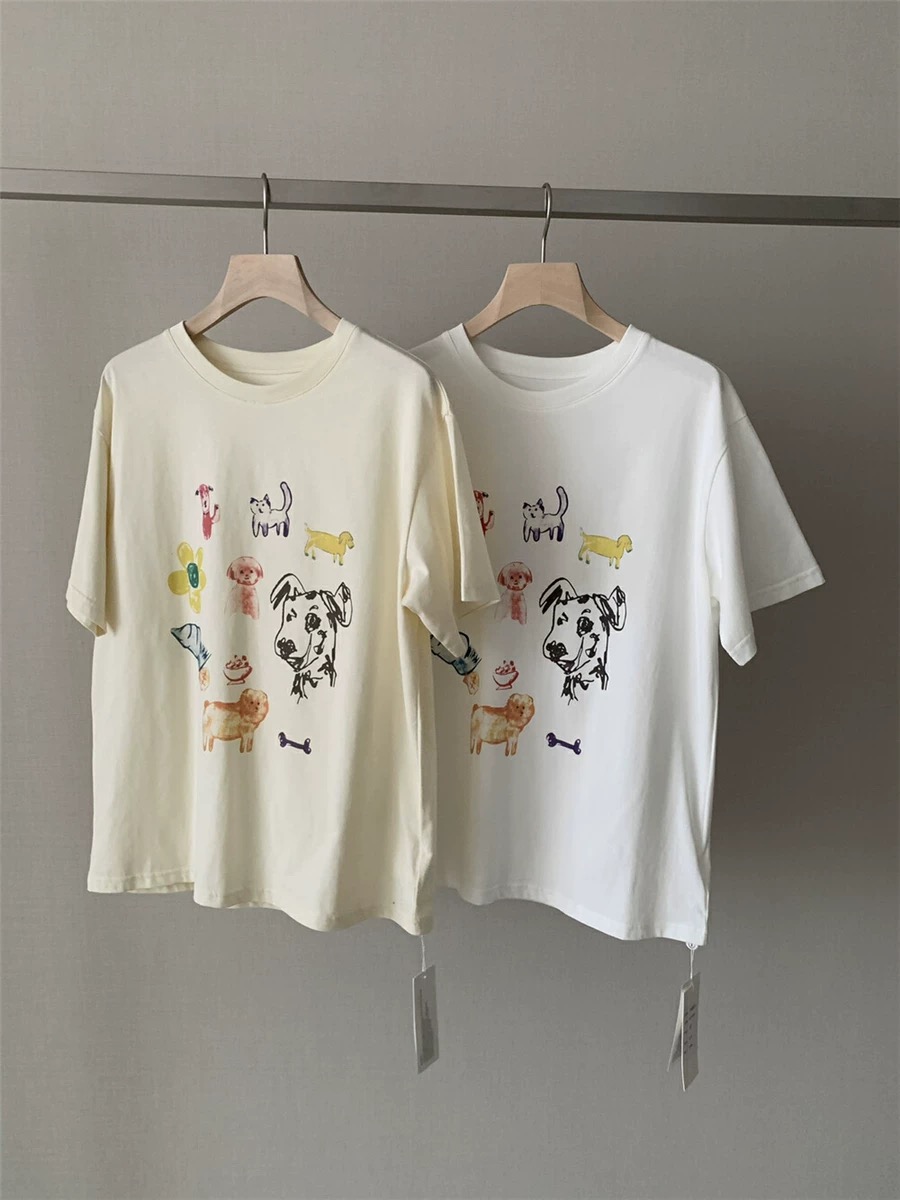 200g combed and tight-fitting sprinkler, pure cotton backpack, spring and summer loose shoulder printed short-sleeved T-shirt