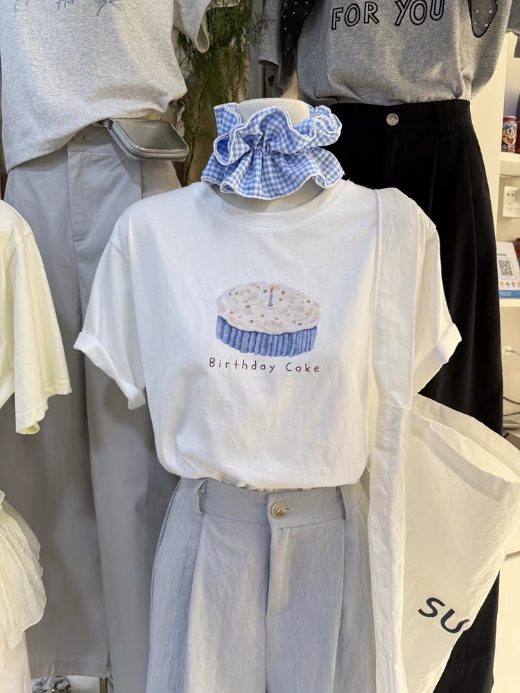 200g combed and tight-fitting sprinkler, pure cotton backpack, spring and summer loose shoulder printed short-sleeved T-shirt