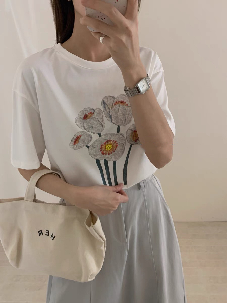 200g combed and tight-fitting sprinkler, pure cotton backpack, spring and summer loose shoulder printed short-sleeved T-shirt