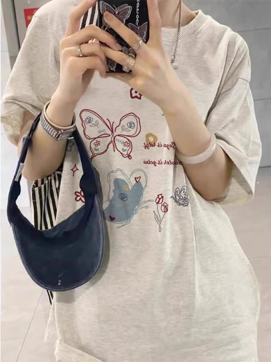 200g combed and tight-fitting sprinkler, pure cotton backpack, spring and summer loose shoulder printed short-sleeved T-shirt