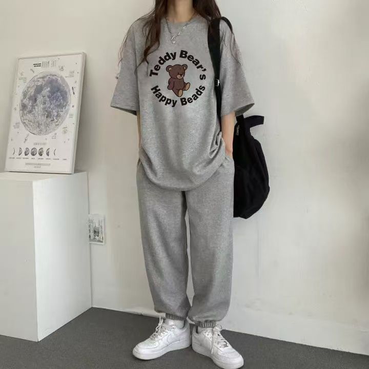 純色多款潮牌女裝套裝兩件韓版圓領短袖長褲兩件套2025新款夏季