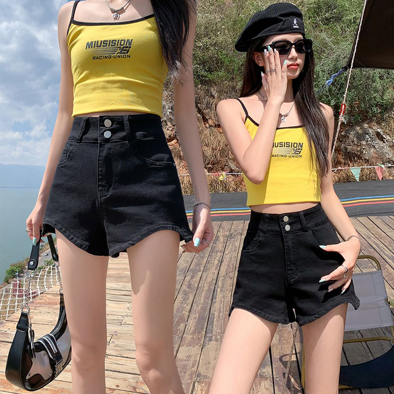Spring and summer new commuting personality design high waist straight-leg denim shorts women's wide-leg A-line cover meat denim hot pants