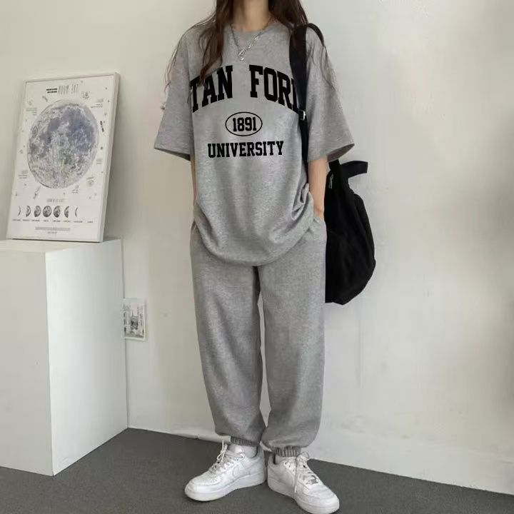 純色多款潮牌女裝套裝兩件韓版圓領短袖長褲兩件套2025新款夏季