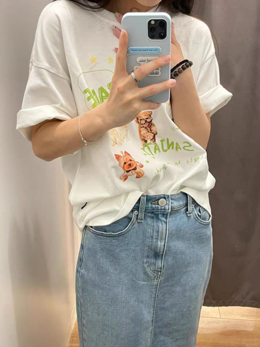 200g combed and tight-fitting sprinkler, pure cotton backpack, spring and summer loose shoulder printed short-sleeved T-shirt