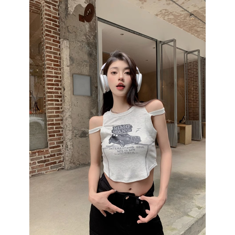 韓國外貿韓版夏季新款復古印花吊帶背心夏季辣妹百搭上衣