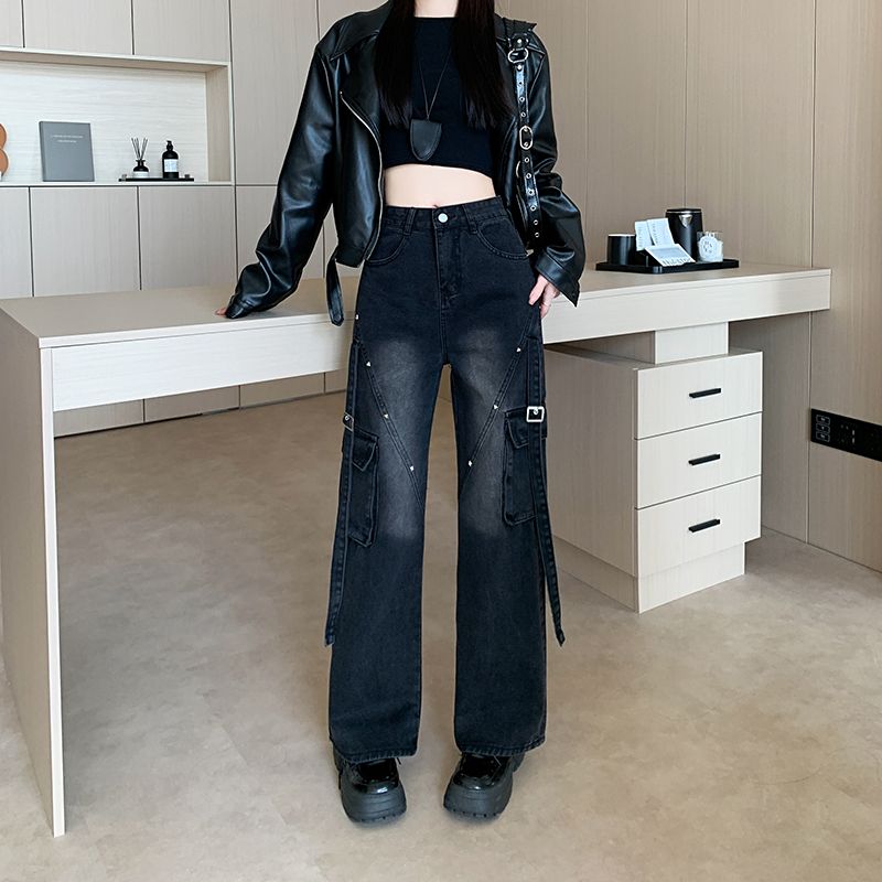 Real shot~ American black multi-pocket work jeans for women's new loose straight-down drape wide-leg pants