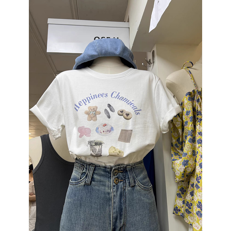 200g combed and tight-fitting sprinkler, pure cotton backpack, spring and summer loose shoulder printed short-sleeved T-shirt