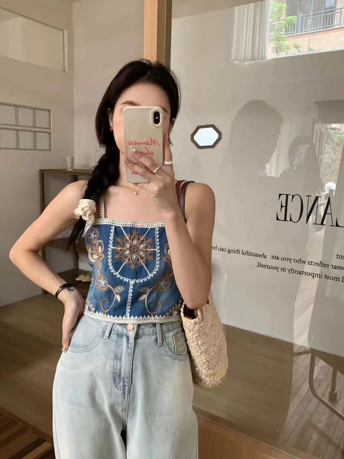 Summer design sense gradient color thickened denim embroidery layered suspenders for women in summer wear vest